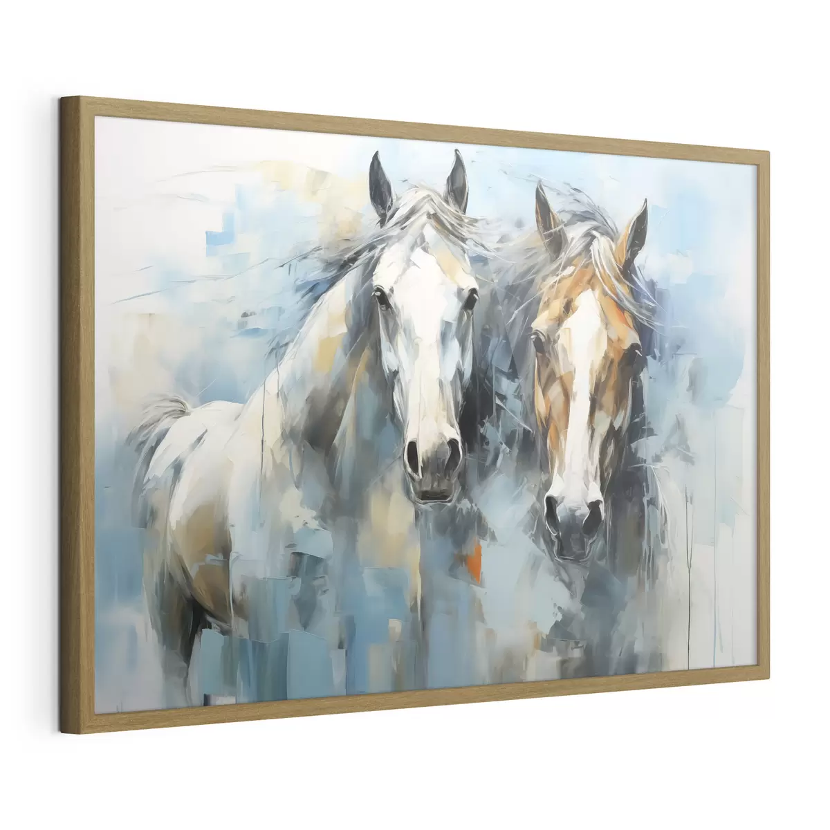 Poster Cavalli dipinto astratto, colore bianco, blu, marrone f40493