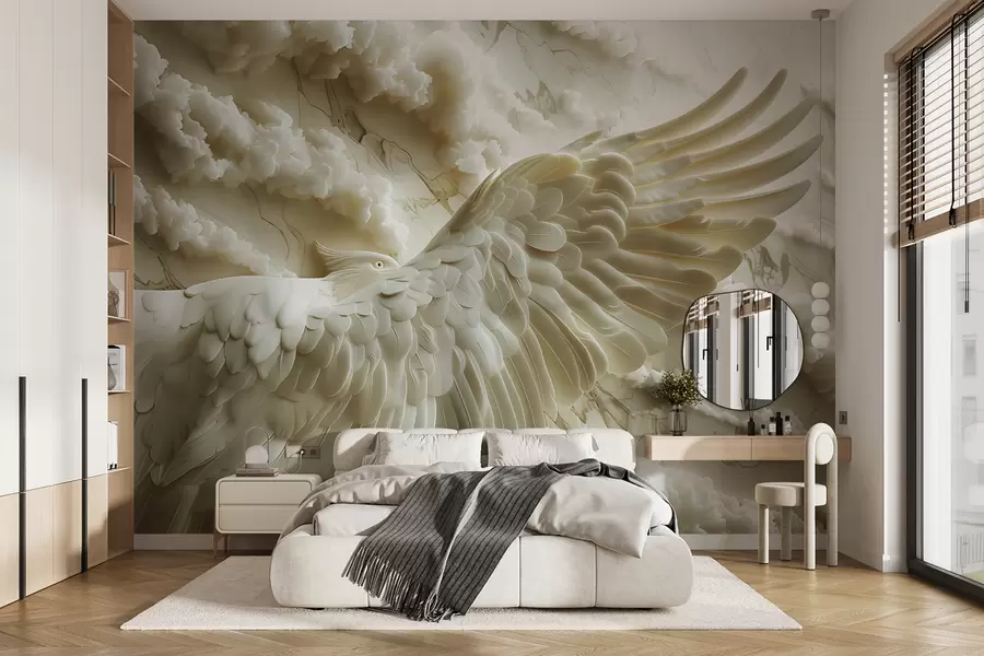 Carta da parati 3D Aquila bianca volante in 3D su uno sfondo di nuvole e marmo 