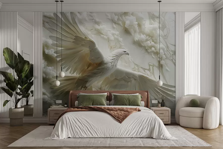 Carta da parati 3D Aquila bianca 3D su uno sfondo di nuvole e marmo 