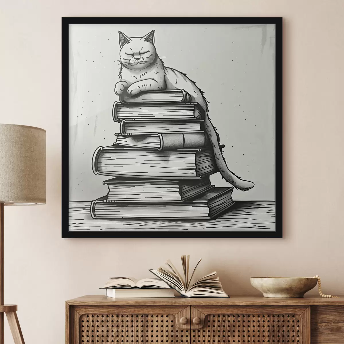Poster Gatto bianco e nero su una pila di libri f40435
