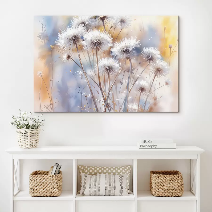 carta da parati Soffici fiori bianchi di tarassaco su uno sfondo acquerello sfocato con luci calde nr. s40541