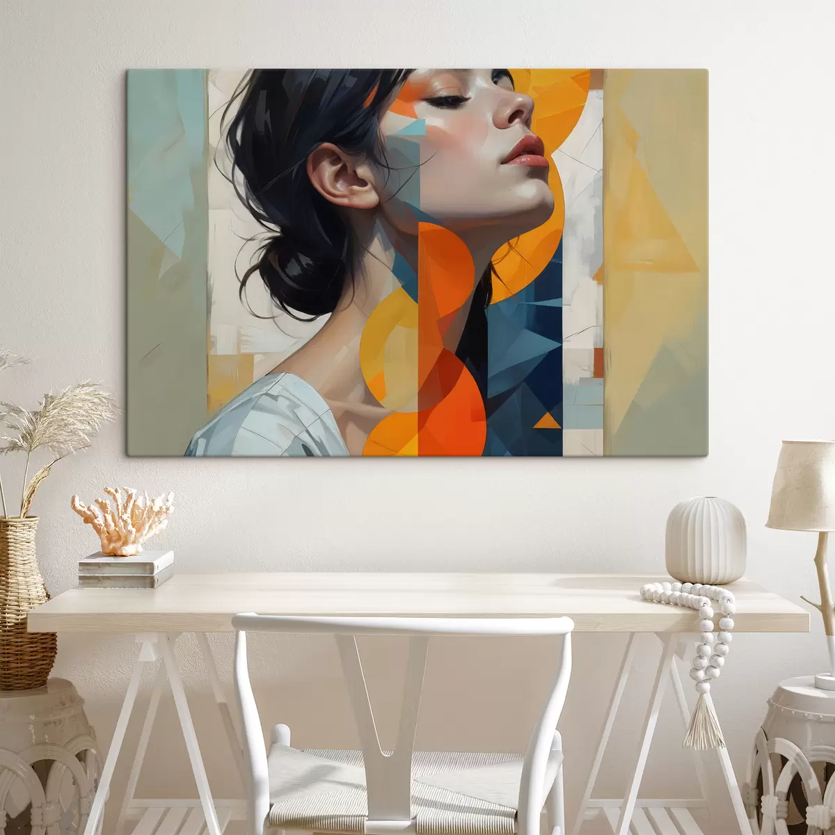 carta da parati Dipinto astratto di una donna con lunghi capelli scuri, che indossa una camicia bianca con stampa geometrica colorata nr. s40543