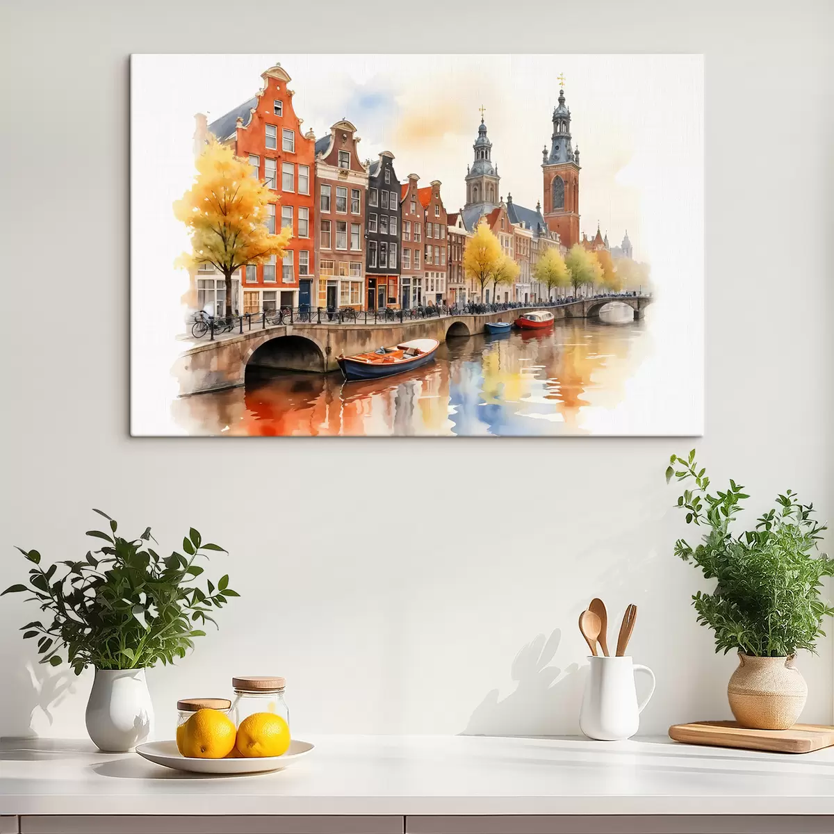 carta da parati Un paesaggio urbano colorato ad acquerello di Amsterdam con le tradizionali case sui canali olandesi e le barche sull'acqua nr. s40561