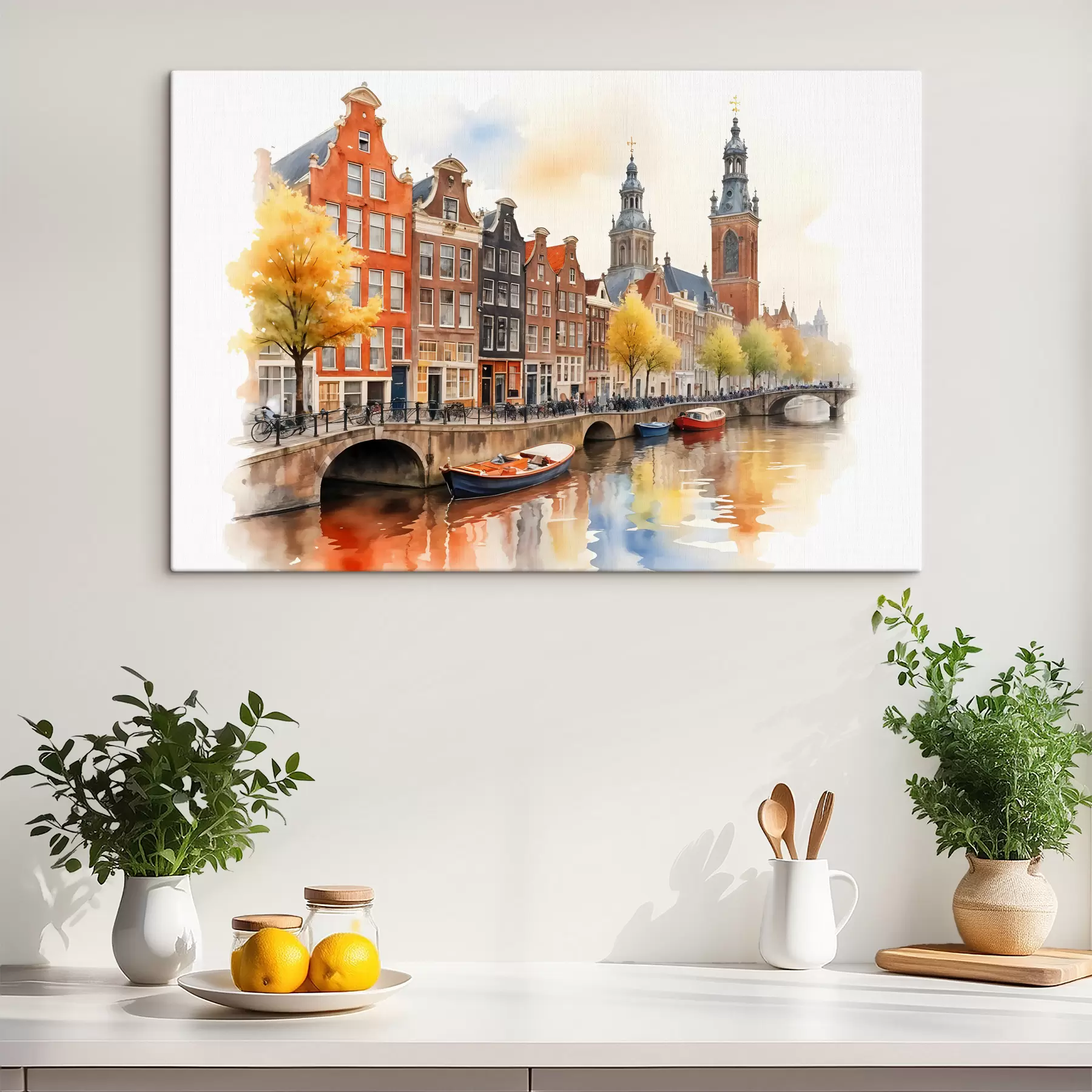carta da parati Un paesaggio urbano colorato ad acquerello di Amsterdam con le tradizionali case sui canali olandesi e le barche sull'acqua nr. s40561