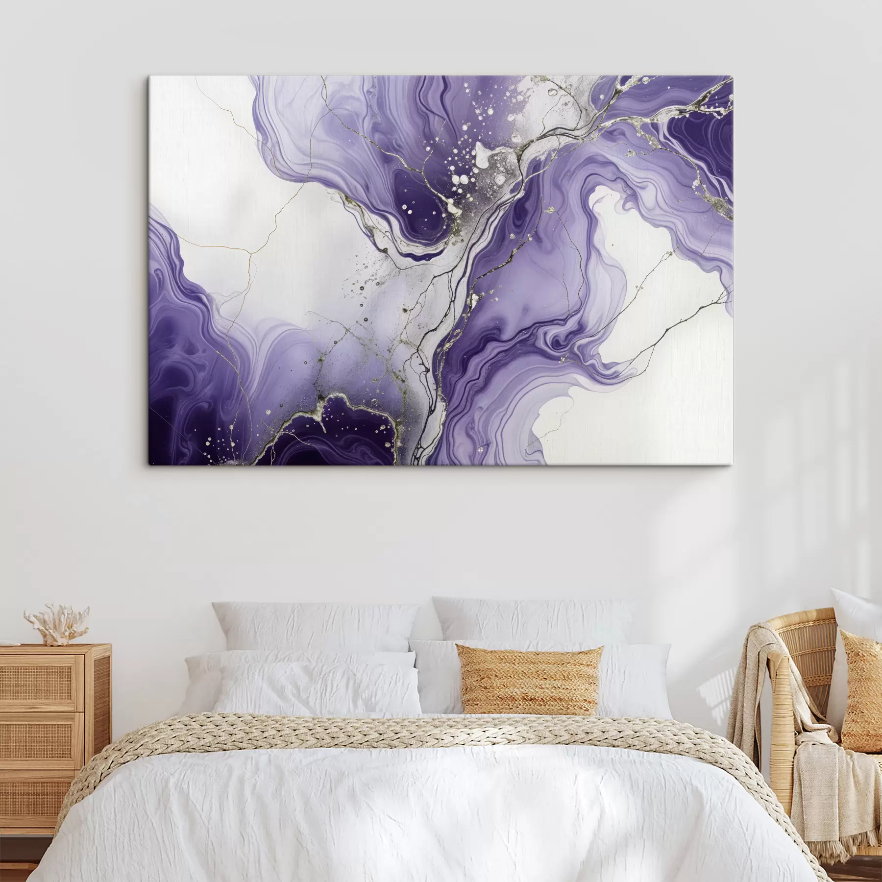 carta da parati Stampa di composizione artistica fluida astratta con inchiostro vorticoso viola, bianco e grigio nr. s40566