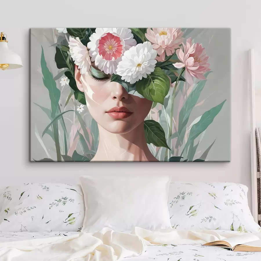 carta da parati Una donna parzialmente nascosta da un bouquet di grandi fiori rosa e bianchi su uno sfondo verdeggiante e frondoso nr. s40567