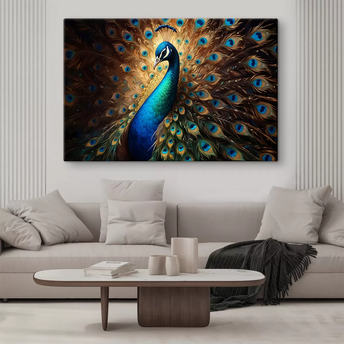 carta da parati Un pavone vivace con le sue piume completamente esposte, che mette in mostra il suo splendido piumaggio blu, verde nr. s40571