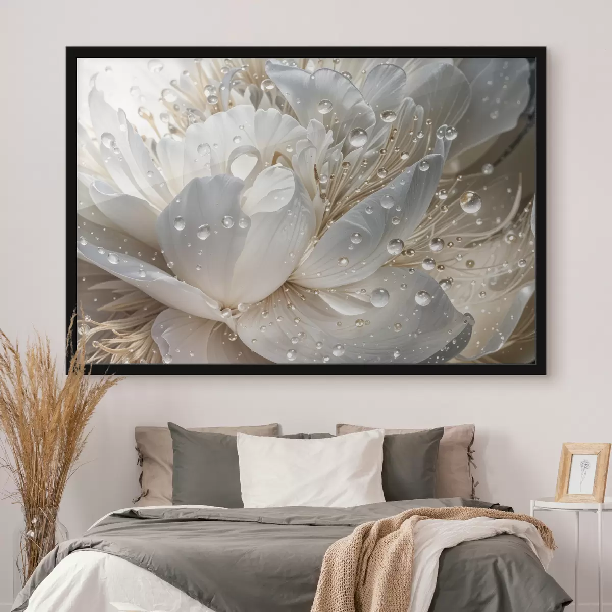 Poster Un primo piano di un fiore di peonia bianca con gocce d'acqua sui petali, su uno sfondo sfocato f40539