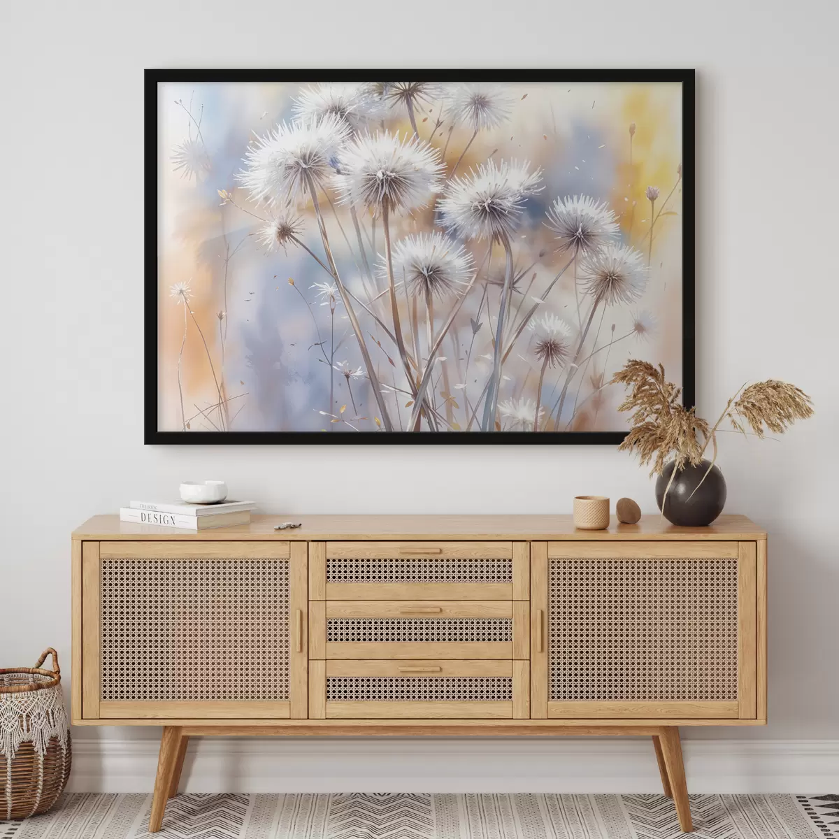 Poster Soffici fiori bianchi di tarassaco su uno sfondo acquerello sfocato con luci calde f40541