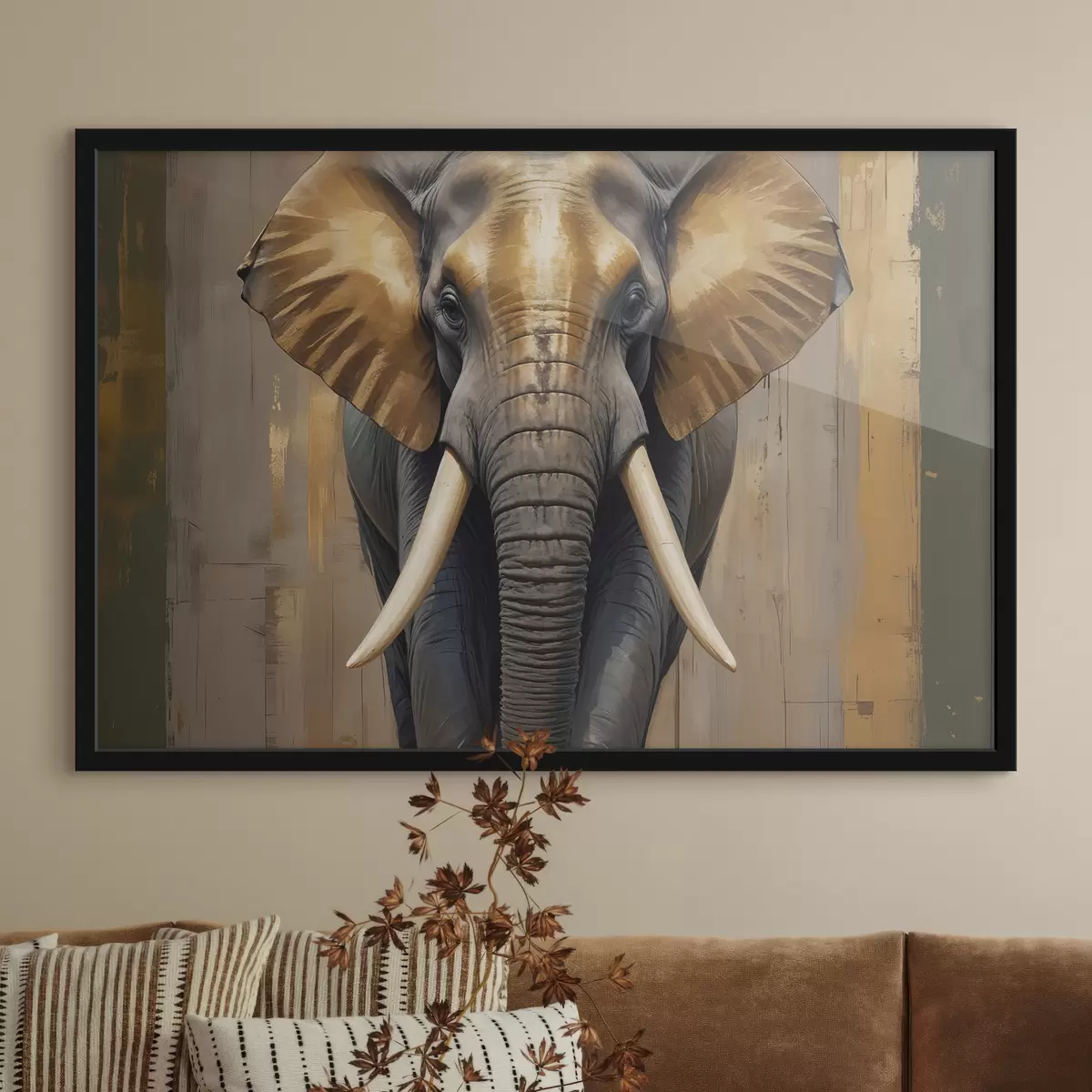 Poster Un grande dipinto di elefante africano strutturato con zanne e orecchie color avorio svasate, su uno sfondo di legno f40544