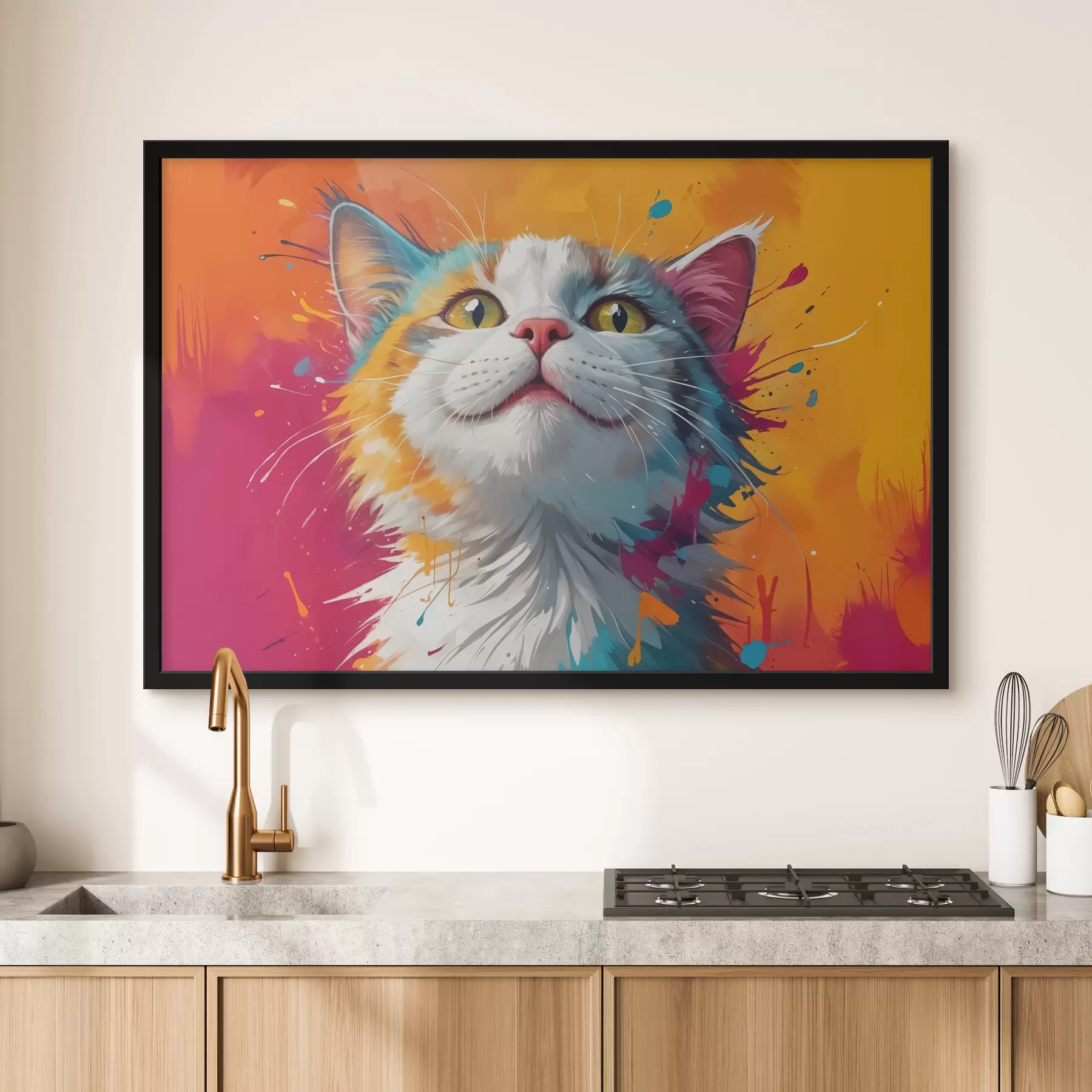 carta da parati Un ritratto ravvicinato di un gatto soriano bianco e arancione con spruzzi di vernice vivaci e colorati nr. f40547