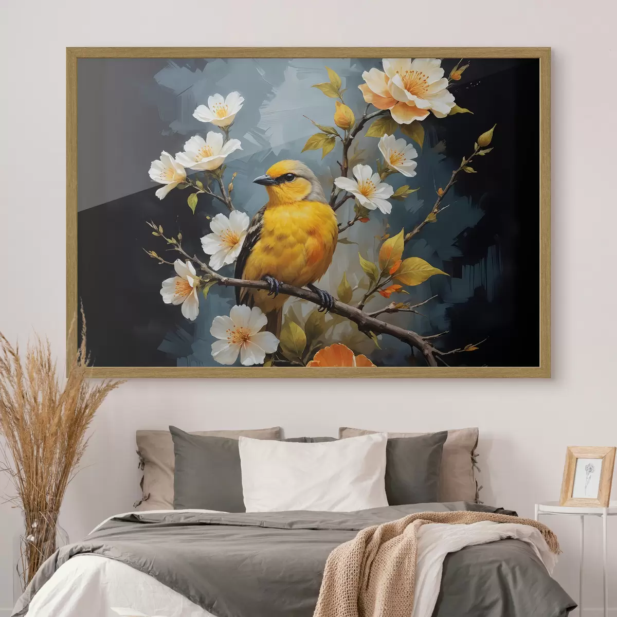 Poster Un uccello giallo appollaiato su un ramo con fiori bianchi e arancioni sullo sfondo f40550