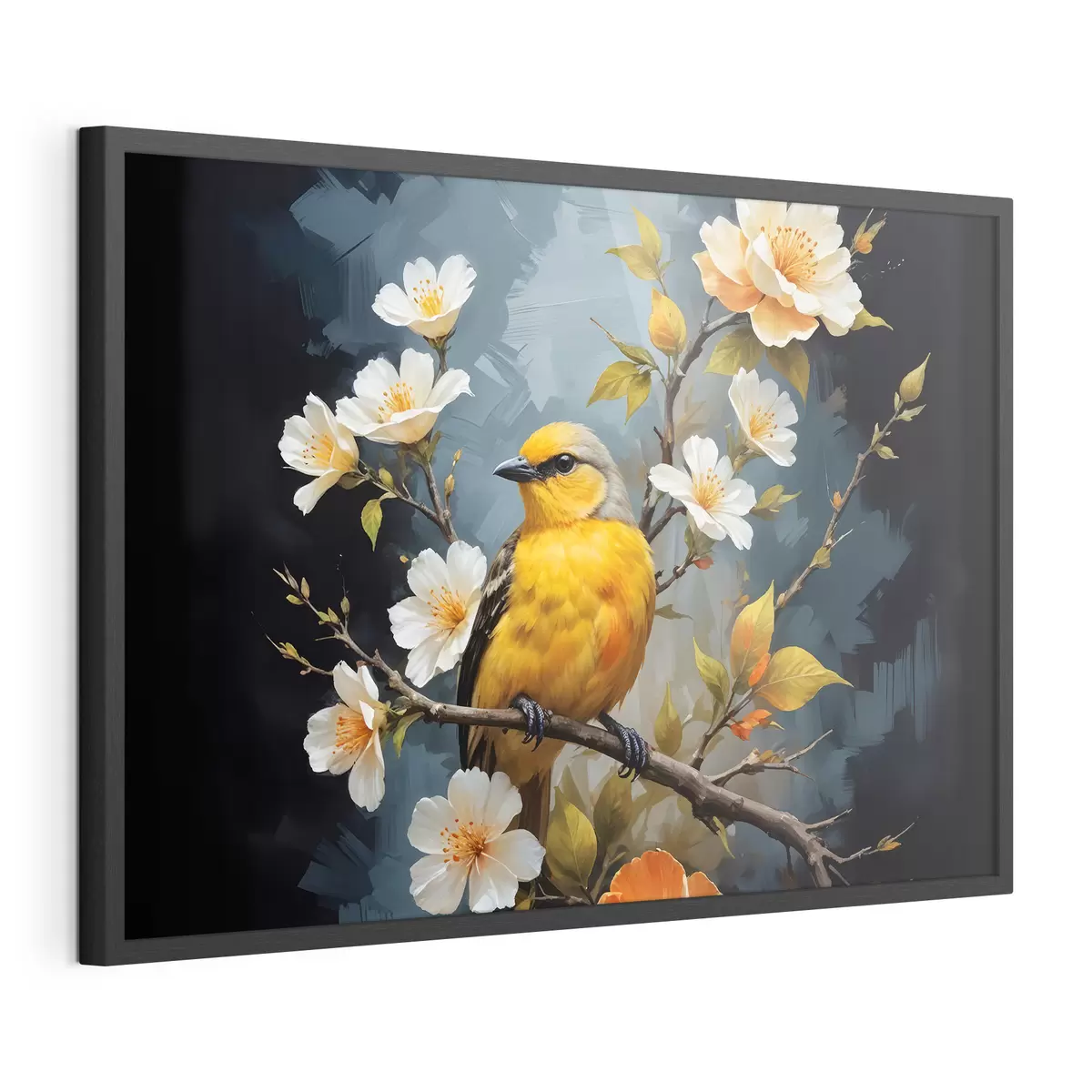 Poster Un uccello giallo appollaiato su un ramo con fiori bianchi e arancioni sullo sfondo f40550