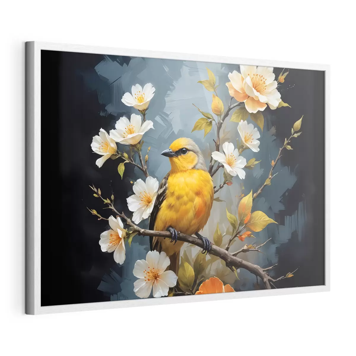 Poster Un uccello giallo appollaiato su un ramo con fiori bianchi e arancioni sullo sfondo f40550