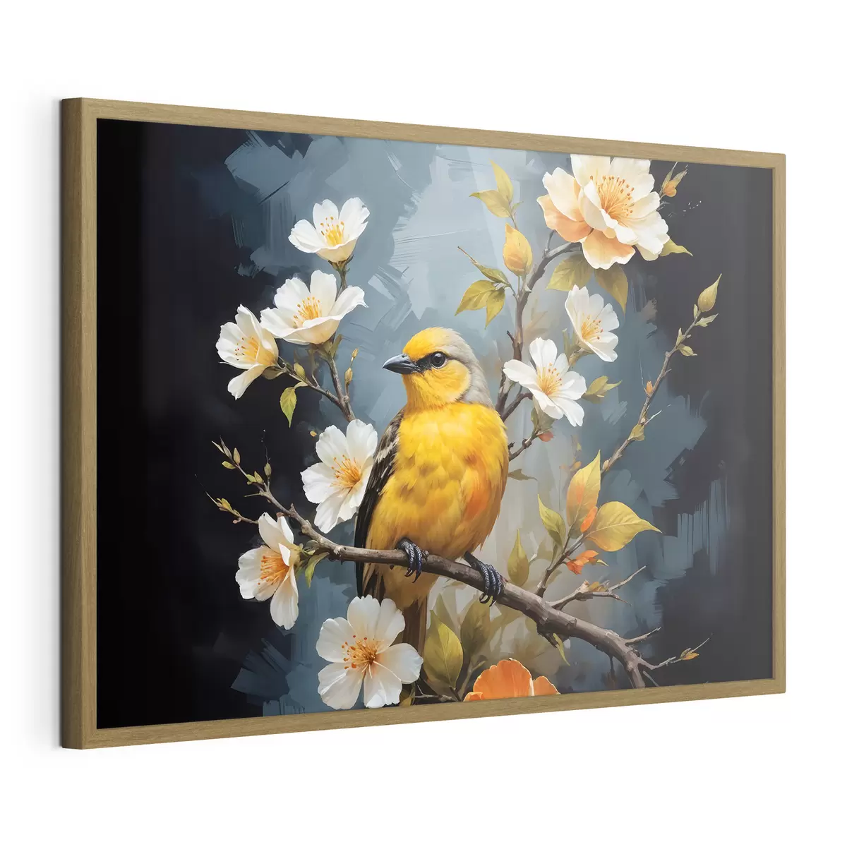 Poster Un uccello giallo appollaiato su un ramo con fiori bianchi e arancioni sullo sfondo f40550