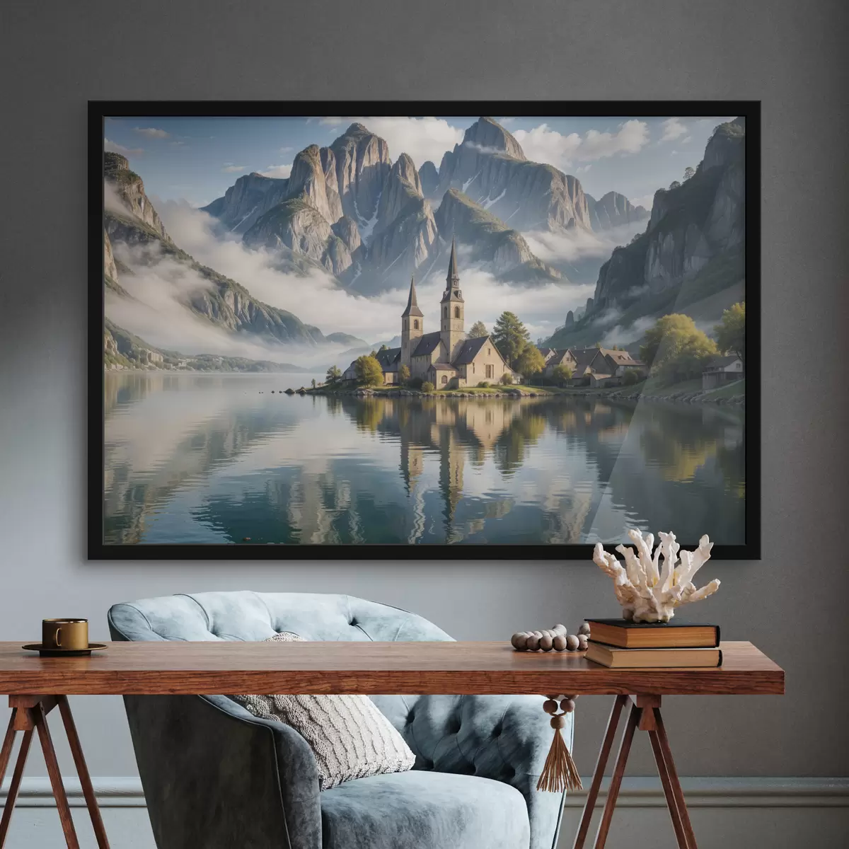 Poster Un pittoresco villaggio alpino adagiato lungo un lago sereno, con imponenti montagne innevate f40554