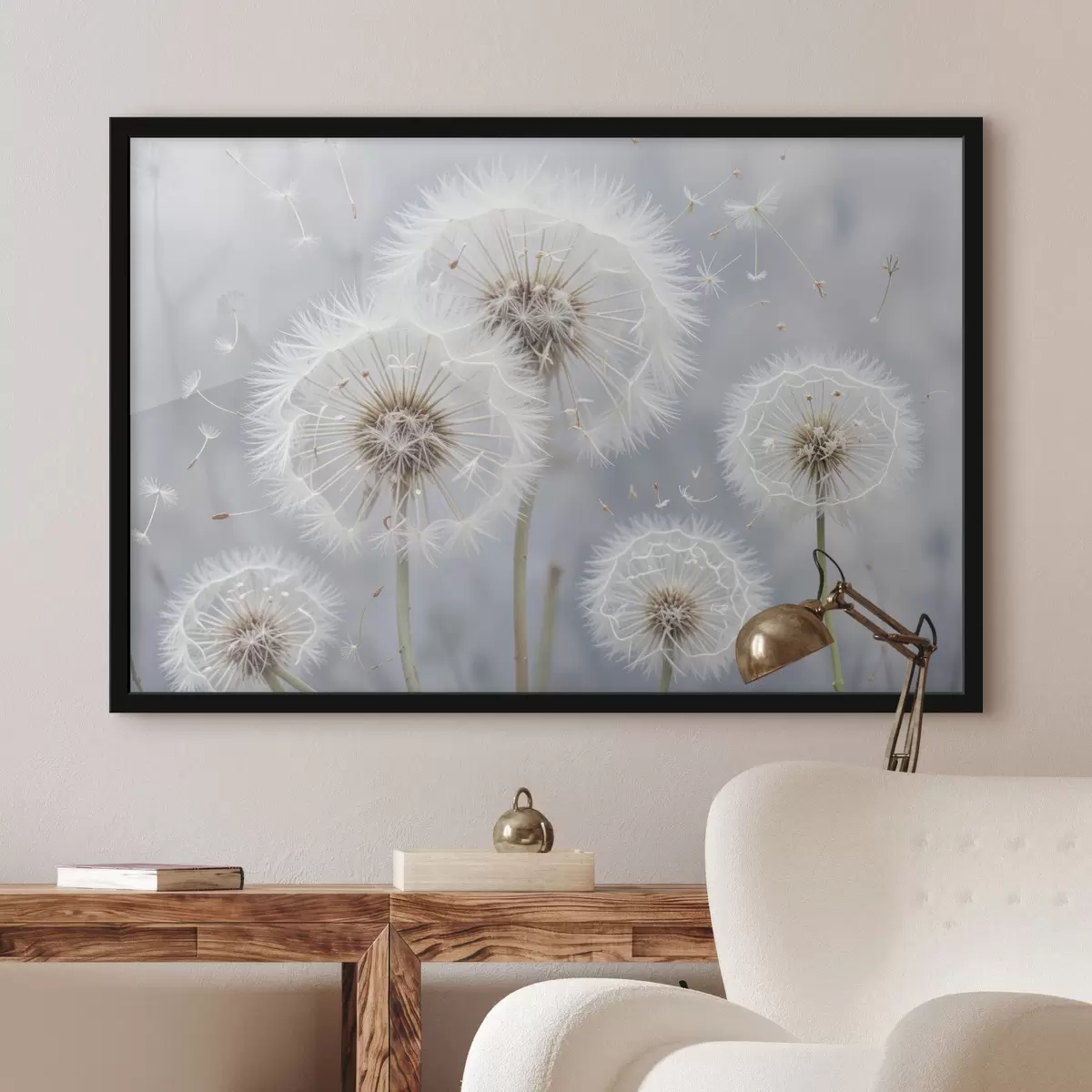 Poster Fiori bianchi di tarassaco con semi soffici su uno sfondo grigio sfocato f40556