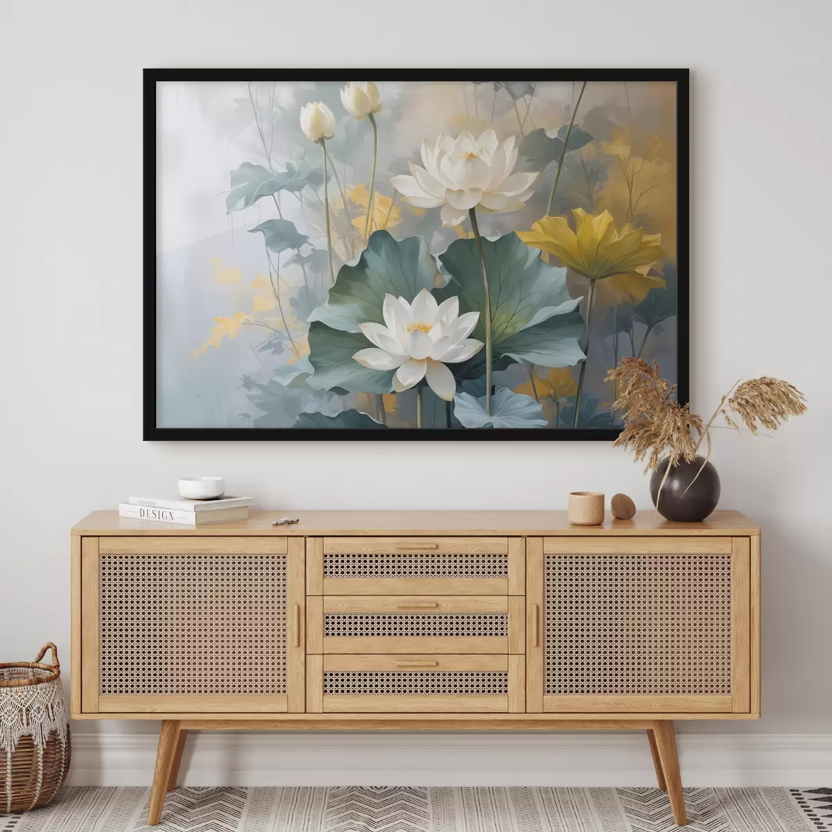 Poster Fiori di loto bianchi in uno stagno con ninfee verdi, circondati da fiori gialli e uno sfondo sfocato f40559