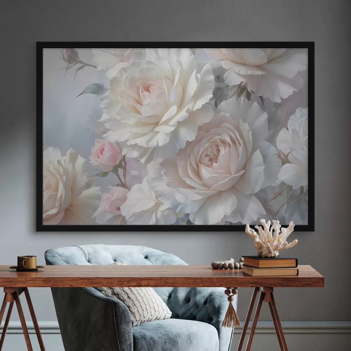 Poster Rose bianche e rosa morbide e delicate con sfondo sfocato f40562