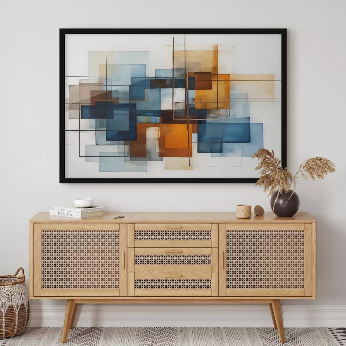 Poster Forme geometriche astratte nelle tonalità del blu, arancione e marrone che creano una moderna composizione minimalista f40563