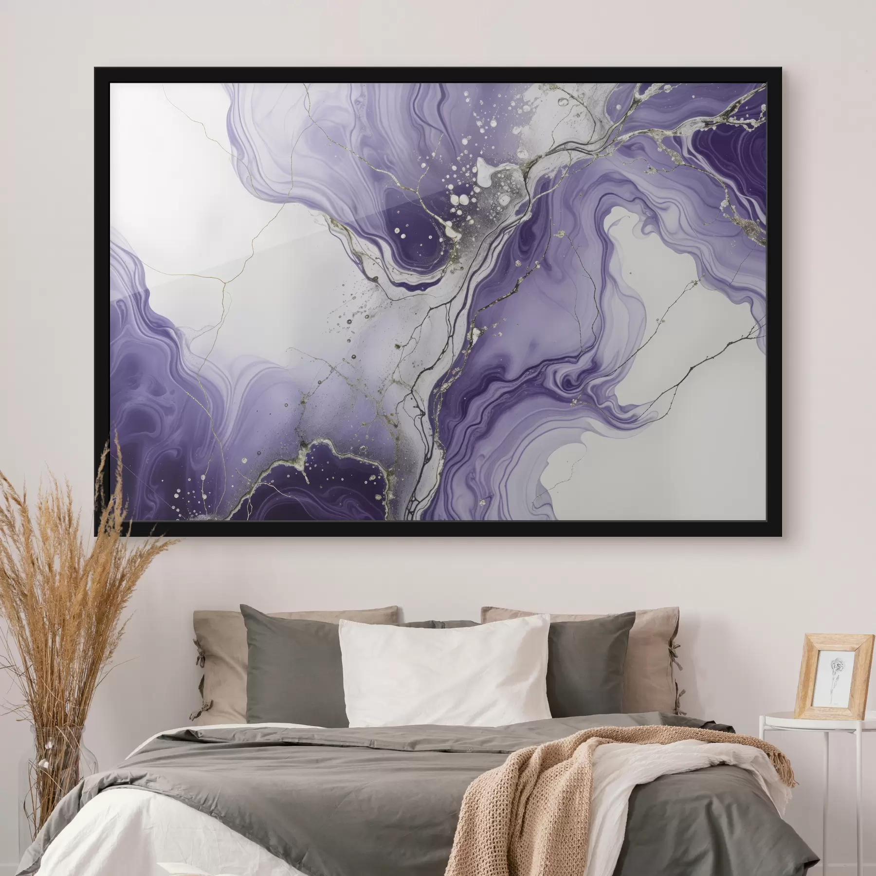 carta da parati Stampa di composizione artistica fluida astratta con inchiostro vorticoso viola, bianco e grigio nr. f40566