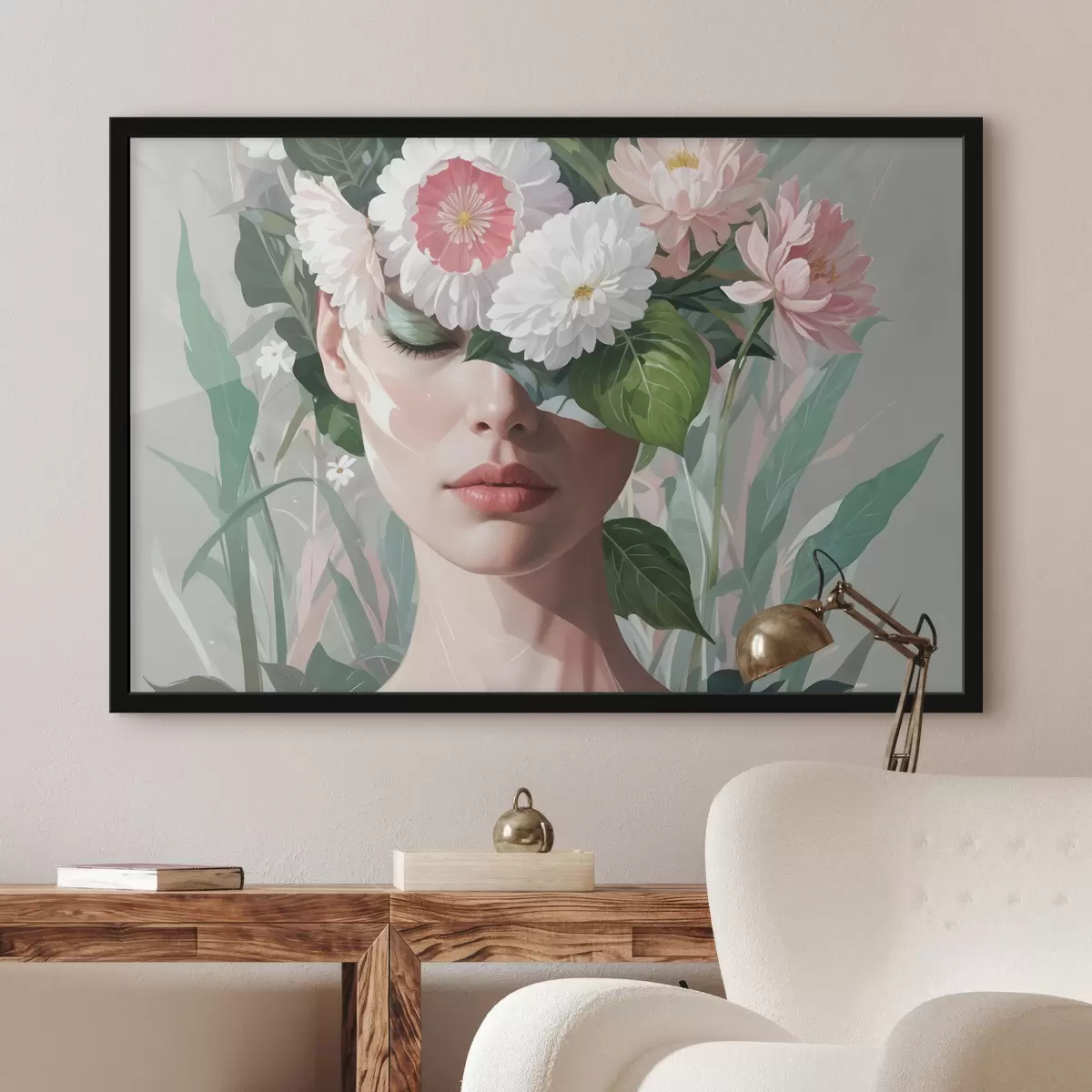 Poster Una donna parzialmente nascosta da un bouquet di grandi fiori rosa e bianchi su uno sfondo verdeggiante e frondoso f40567