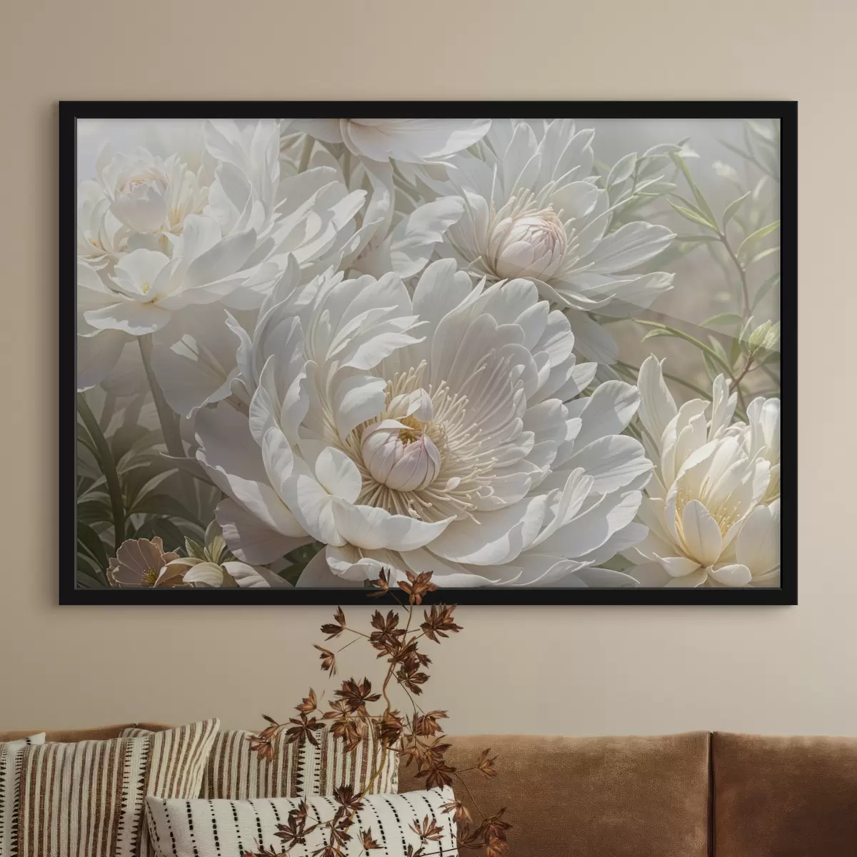 Poster Un primo piano di diversi grandi fiori di peonia bianca con petali morbidi e delicati e centri giallo pallido f40575