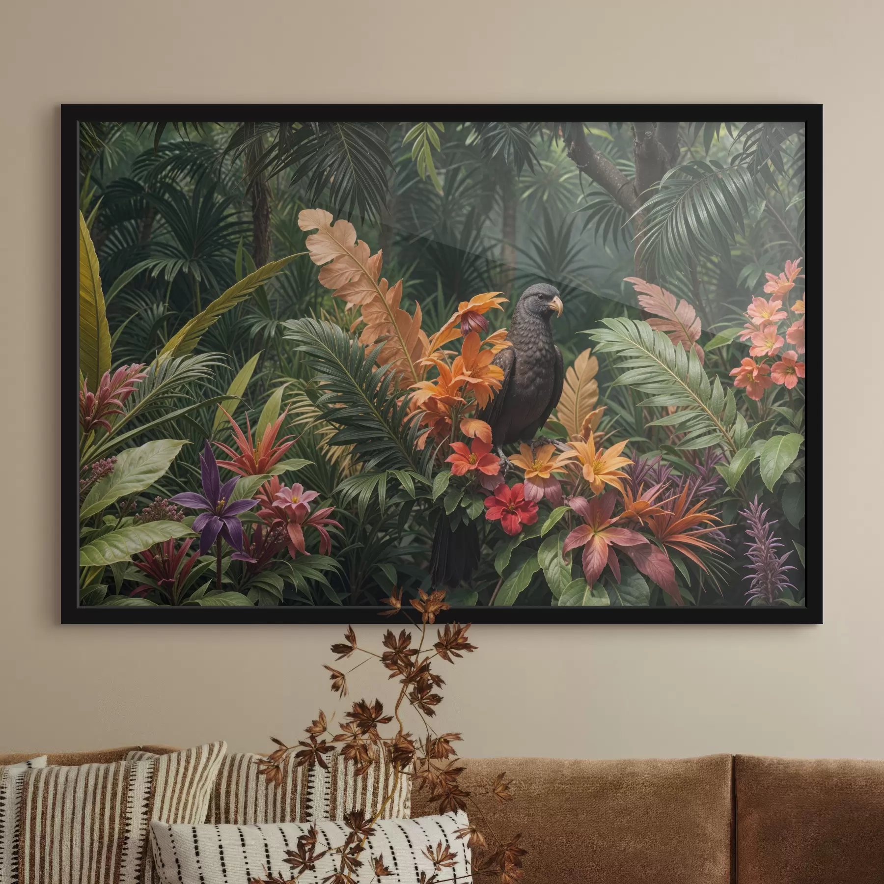 carta da parati Uccello tropicale appollaiato su un ramo circondato da fogliame vibrante, foglie di palma, fiori e piante esotiche nr. f40578