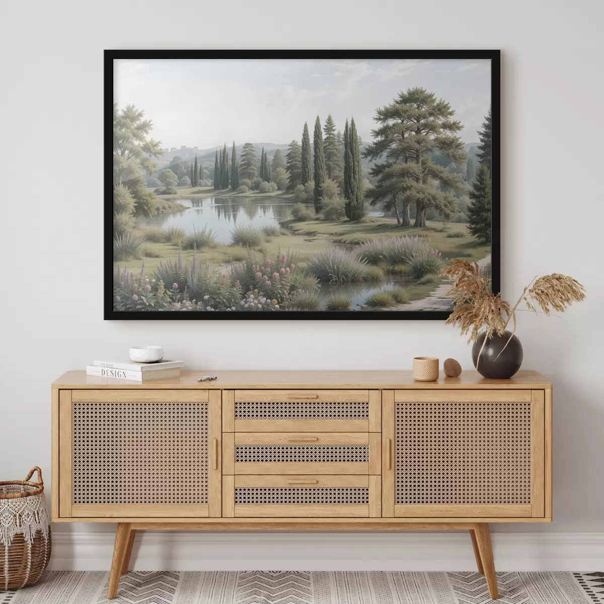 Poster Un paesaggio sereno con un lago tranquillo circondato da pini, cipressi e altra vegetazione rigogliosa f40579