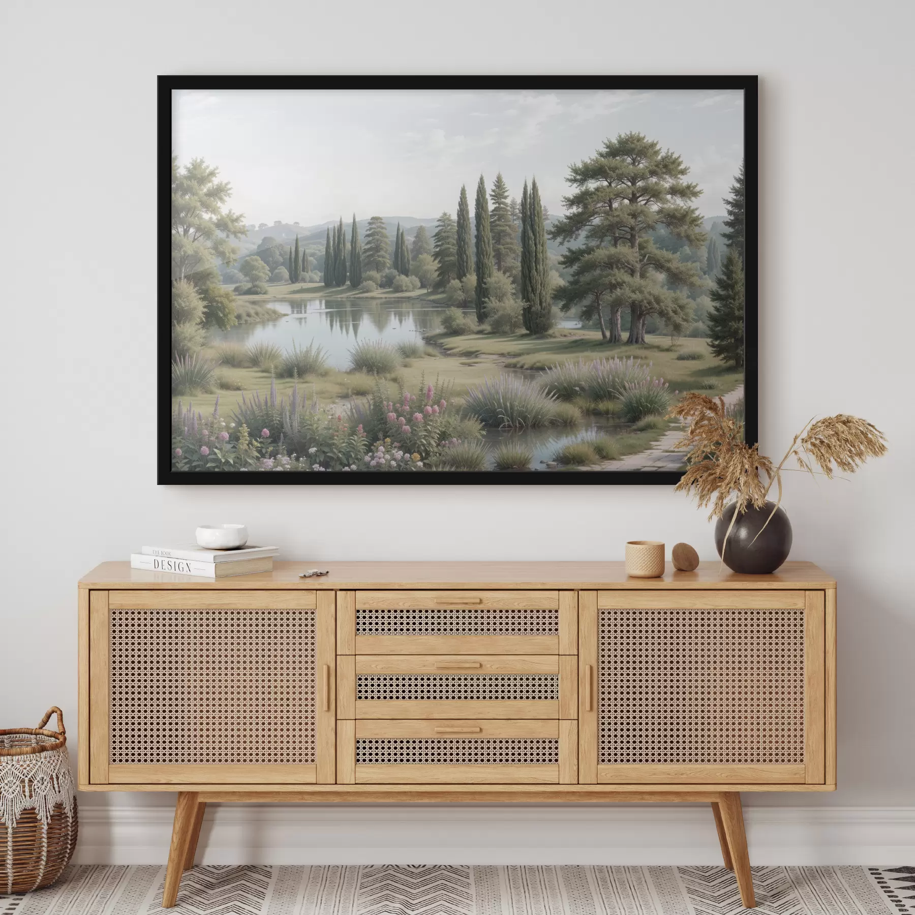 carta da parati Un paesaggio sereno con un lago tranquillo circondato da pini, cipressi e altra vegetazione rigogliosa nr. f40579