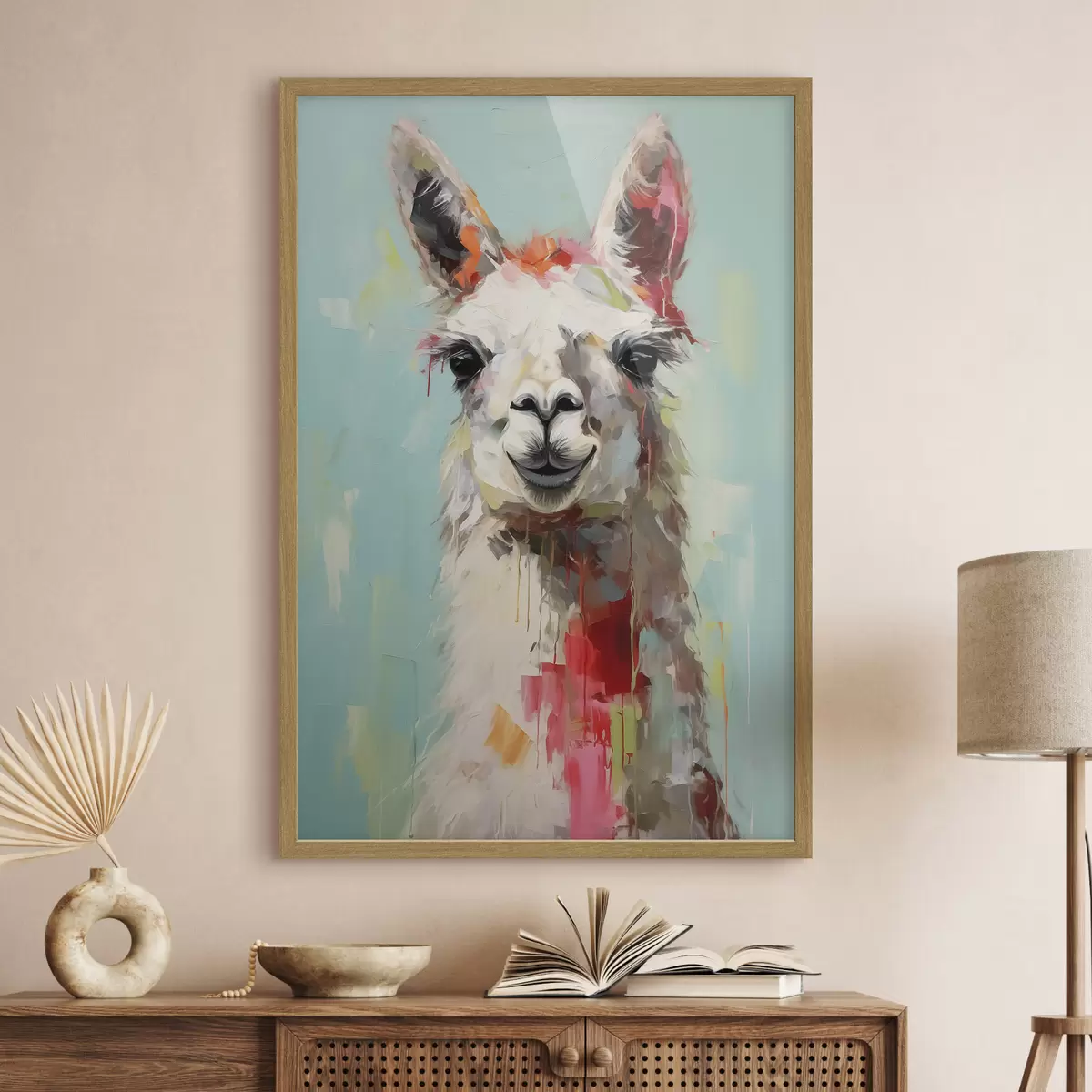 Poster Lama bianco con macchie di vernice su sfondo grigio blu pastello f40523