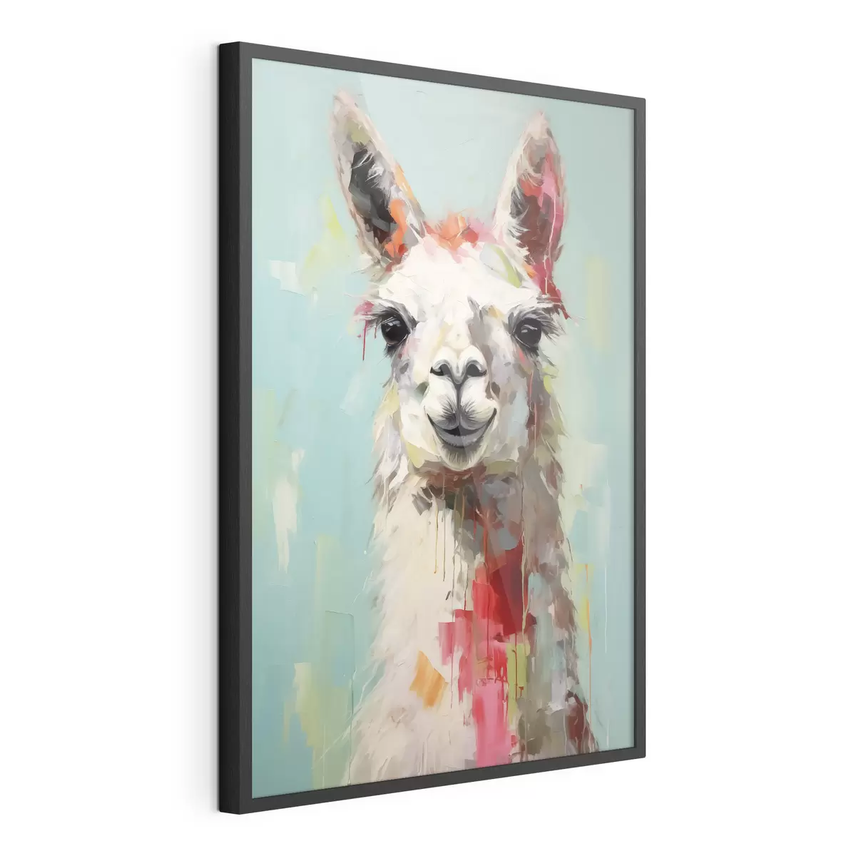 Poster Lama bianco con macchie di vernice su sfondo grigio blu pastello f40523