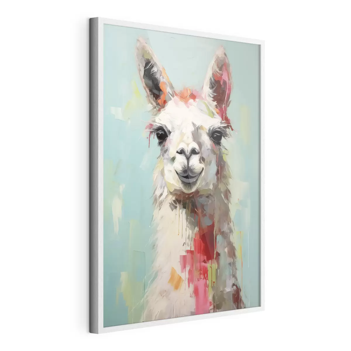 Poster Lama bianco con macchie di vernice su sfondo grigio blu pastello f40523