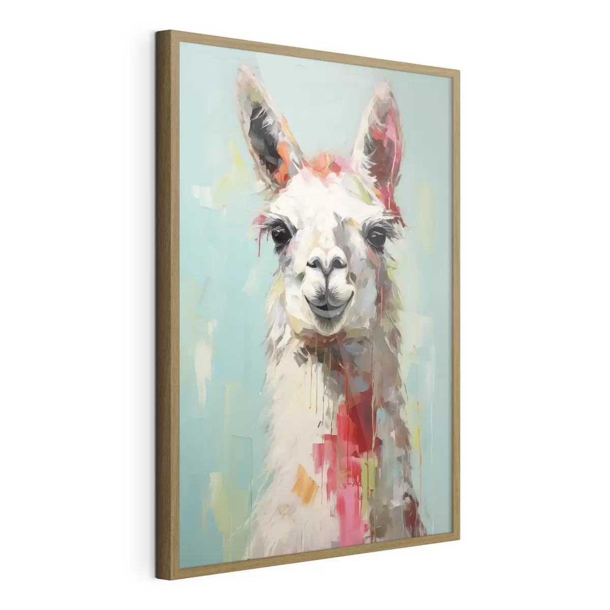 Poster Lama bianco con macchie di vernice su sfondo grigio blu pastello f40523