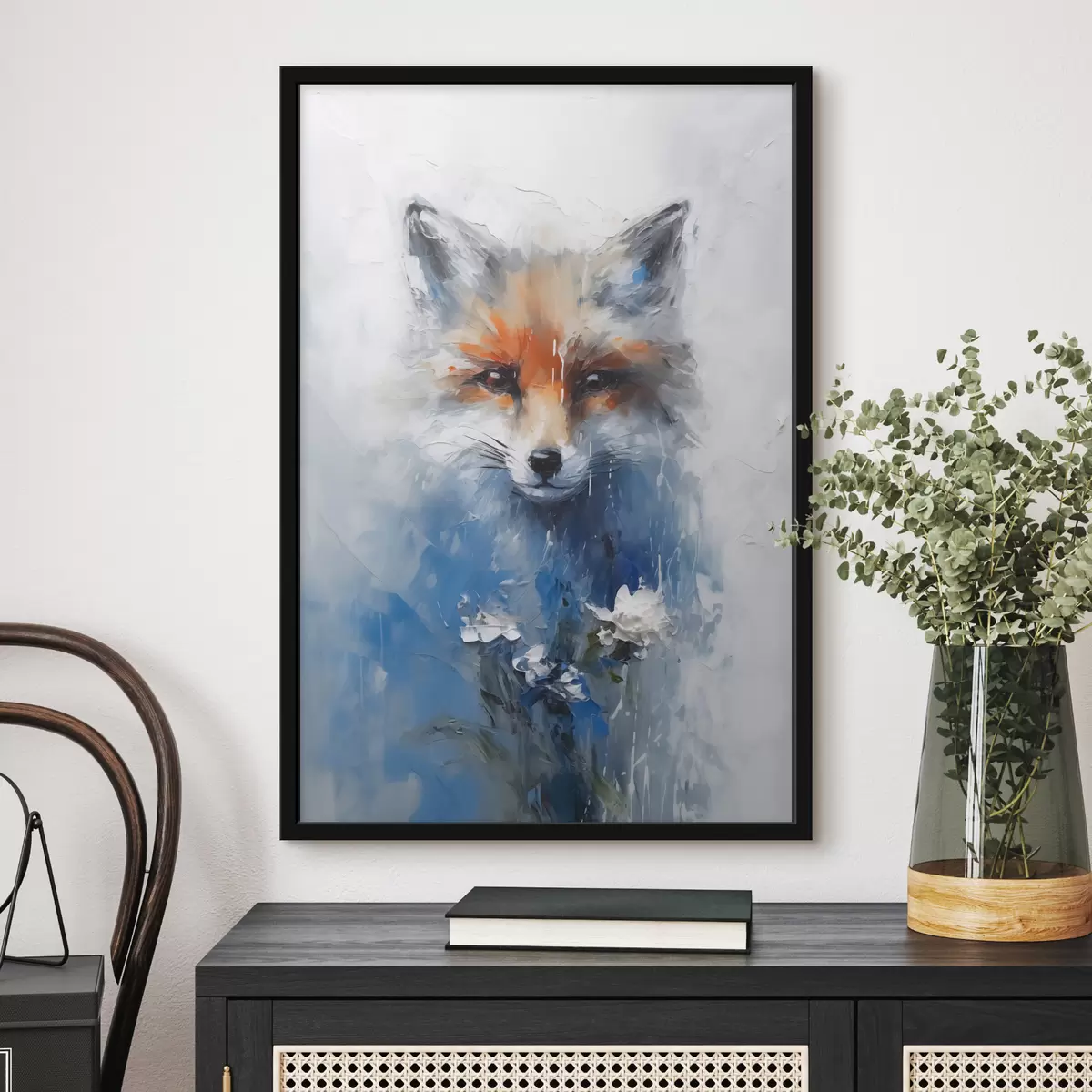 Poster Ritratto astratto di una volpe con macchie di vernice blu f40524