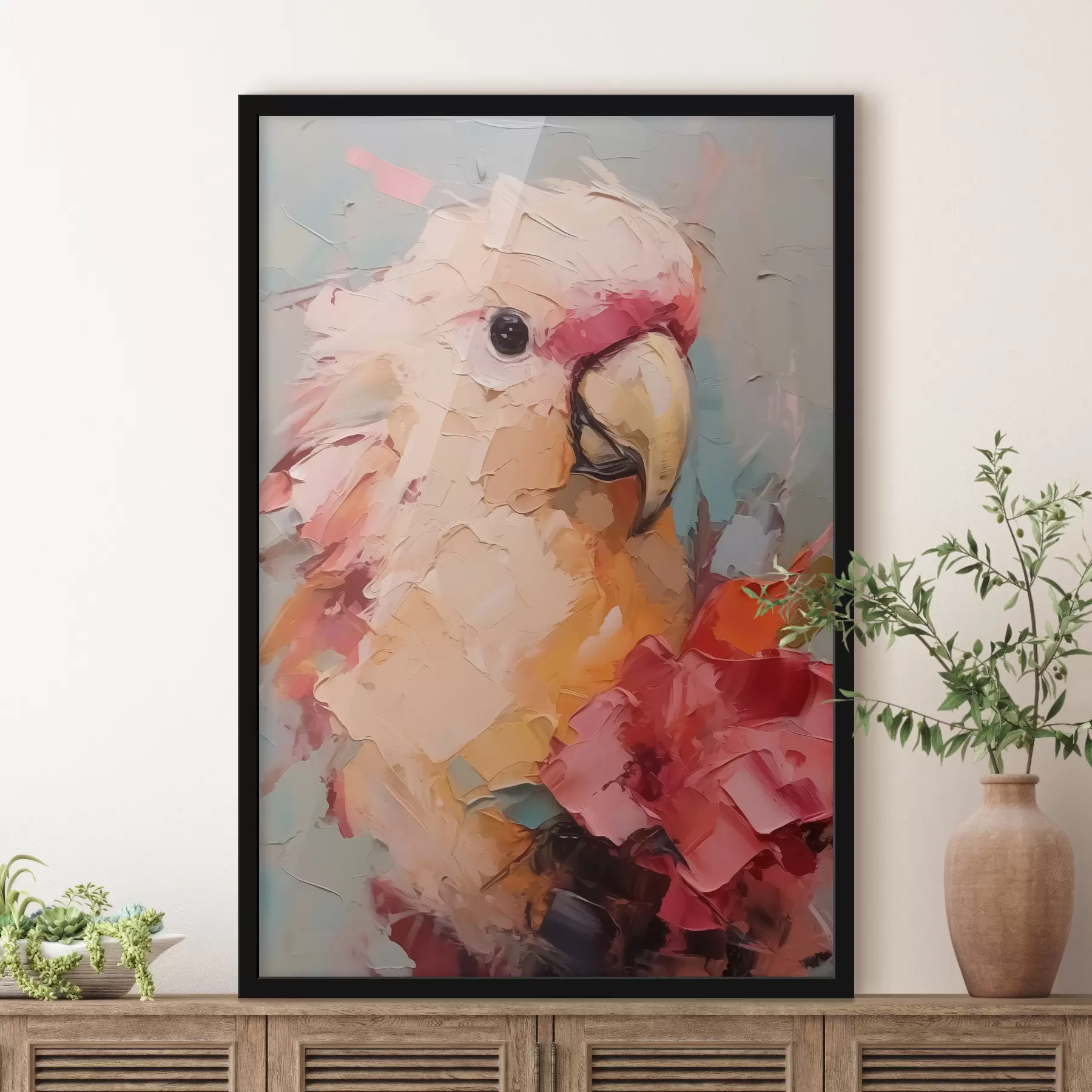 carta da parati Ritratto di un pappagallo cacatua, colore rosa, rosso, beige, grigio nr. f40525