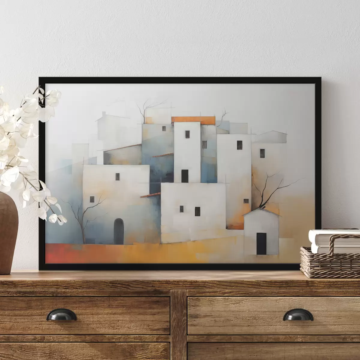 Poster Case bianche stilizzate astratte, colore rosso, arancione, giallo, blu f40531