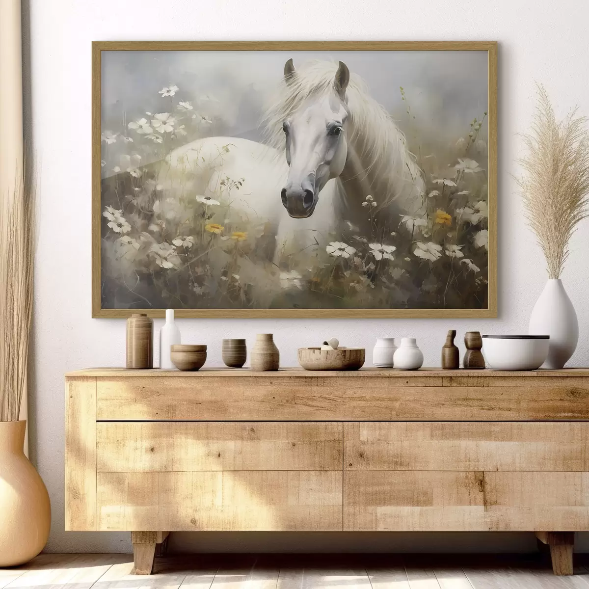 Poster Cavallo bianco nell'erba tra le margherite f40533