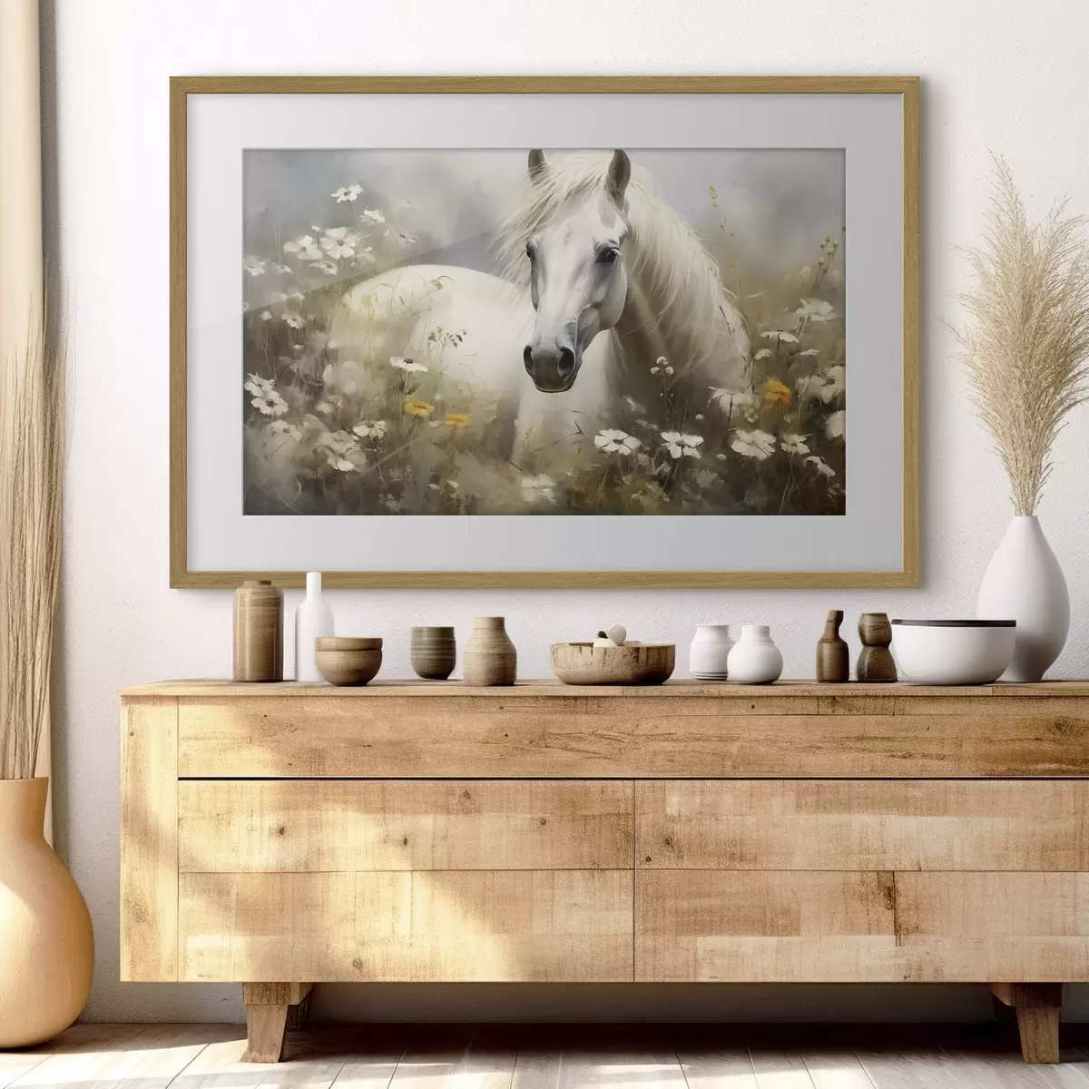 Poster Cavallo bianco nell'erba tra le margherite f40533
