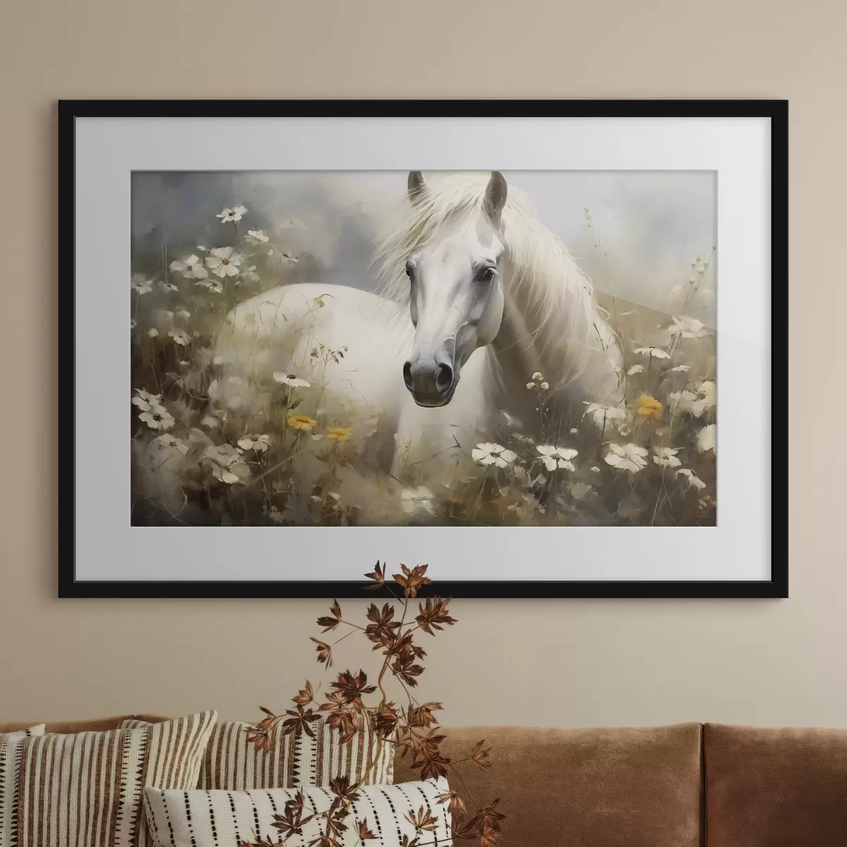 Poster Cavallo bianco nell'erba tra le margherite f40533