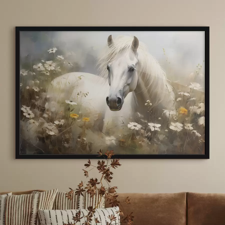carta da parati Cavallo bianco nell'erba tra le margherite nr. f40533