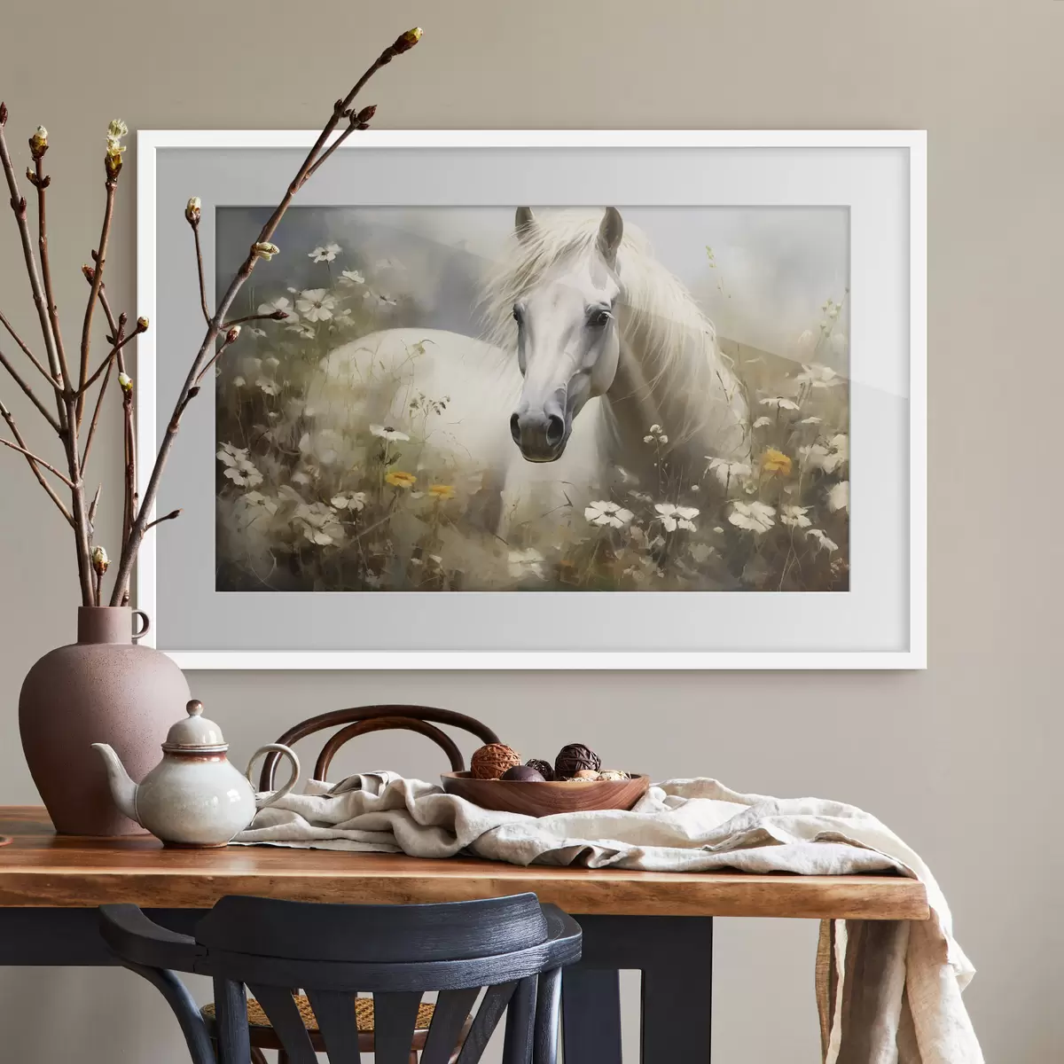 Poster Cavallo bianco nell'erba tra le margherite f40533