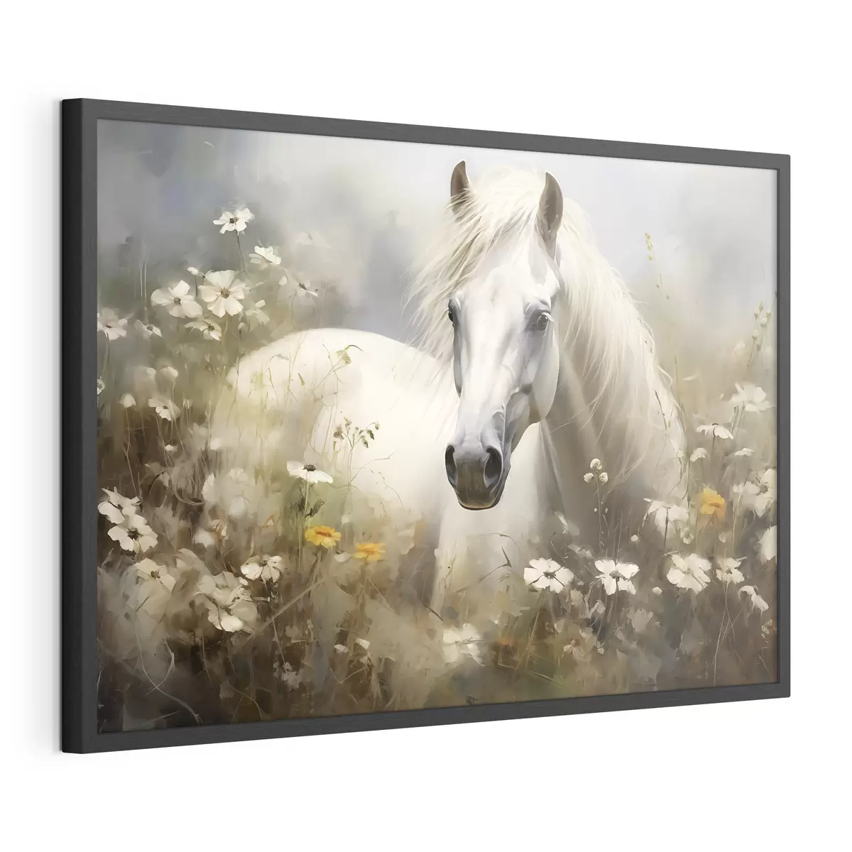 Poster Cavallo bianco nell'erba tra le margherite f40533