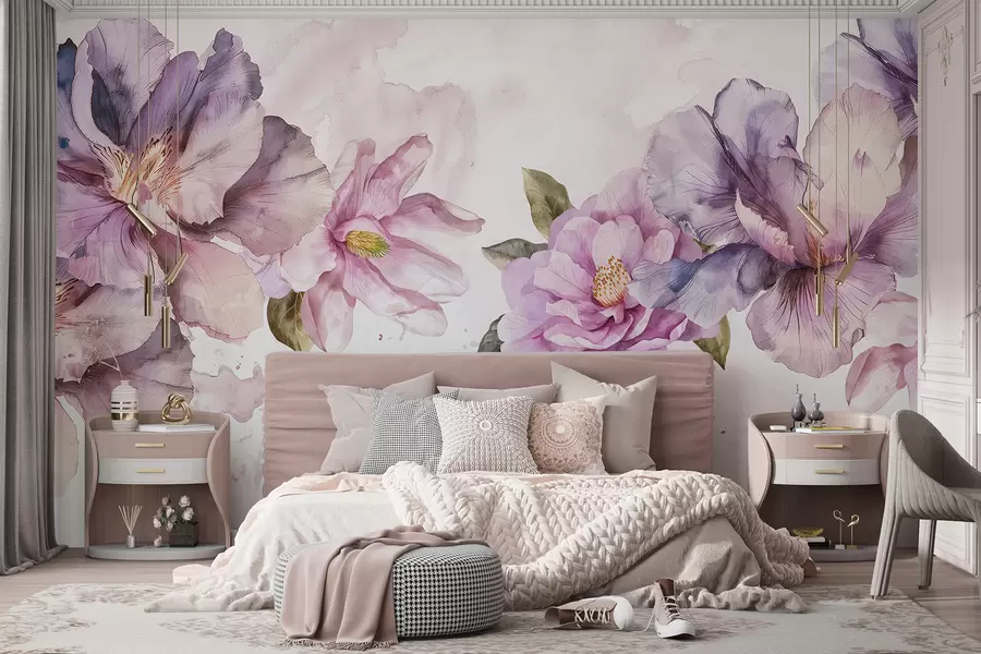 Carta da parati Floreale Delicati fiori rosa e viola ad acquerello con petali morbidi e foglie verdi su uno sfondo chiaro n. w08238