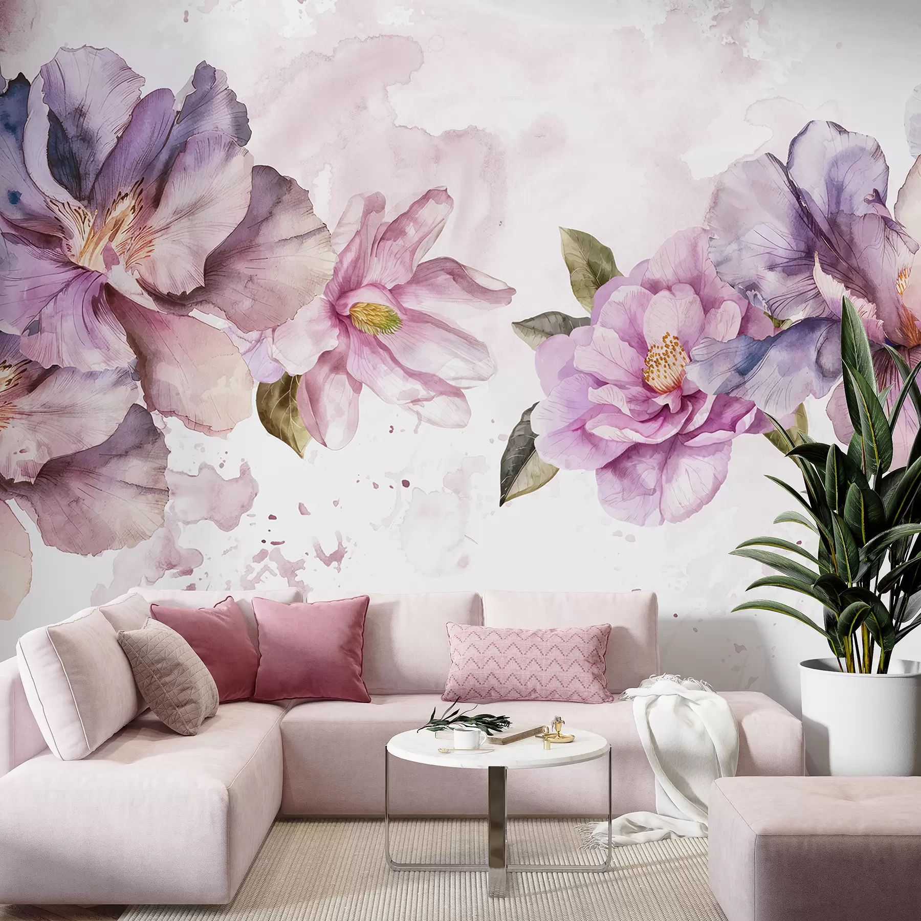 Carta da parati Floreale Delicati fiori rosa e viola ad acquerello con petali morbidi e foglie verdi su uno sfondo chiaro n. w08238