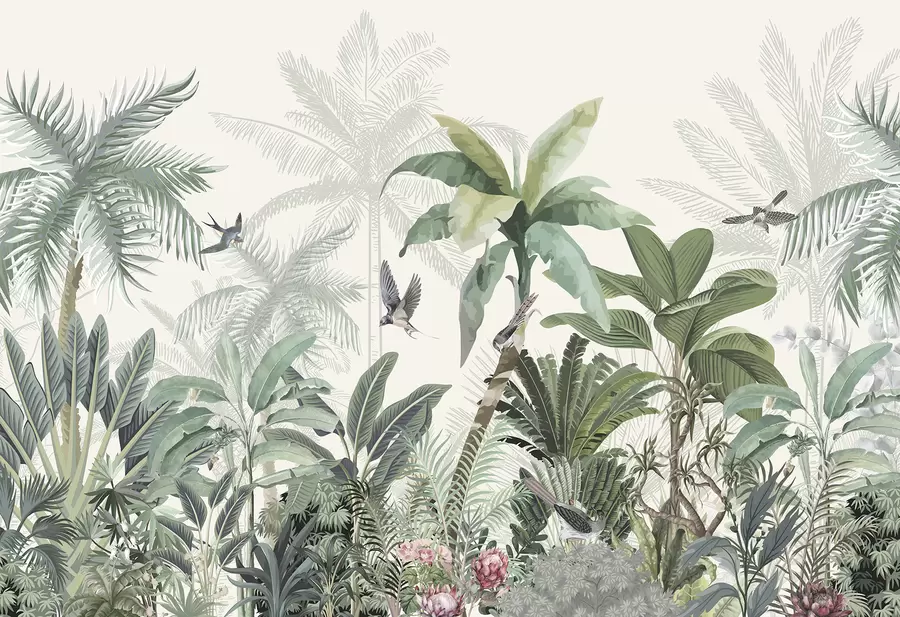 Carta da parati nature Una lussureggiante scena di giungla tropicale con varie palme, grandi foglie e fiori colorati in primo piano 