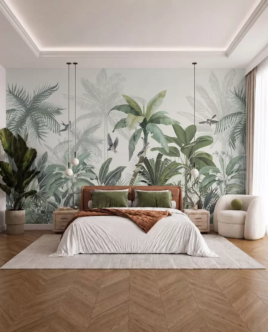 Carta da parati nature Una lussureggiante scena di giungla tropicale con varie palme, grandi foglie e fiori colorati in primo piano 