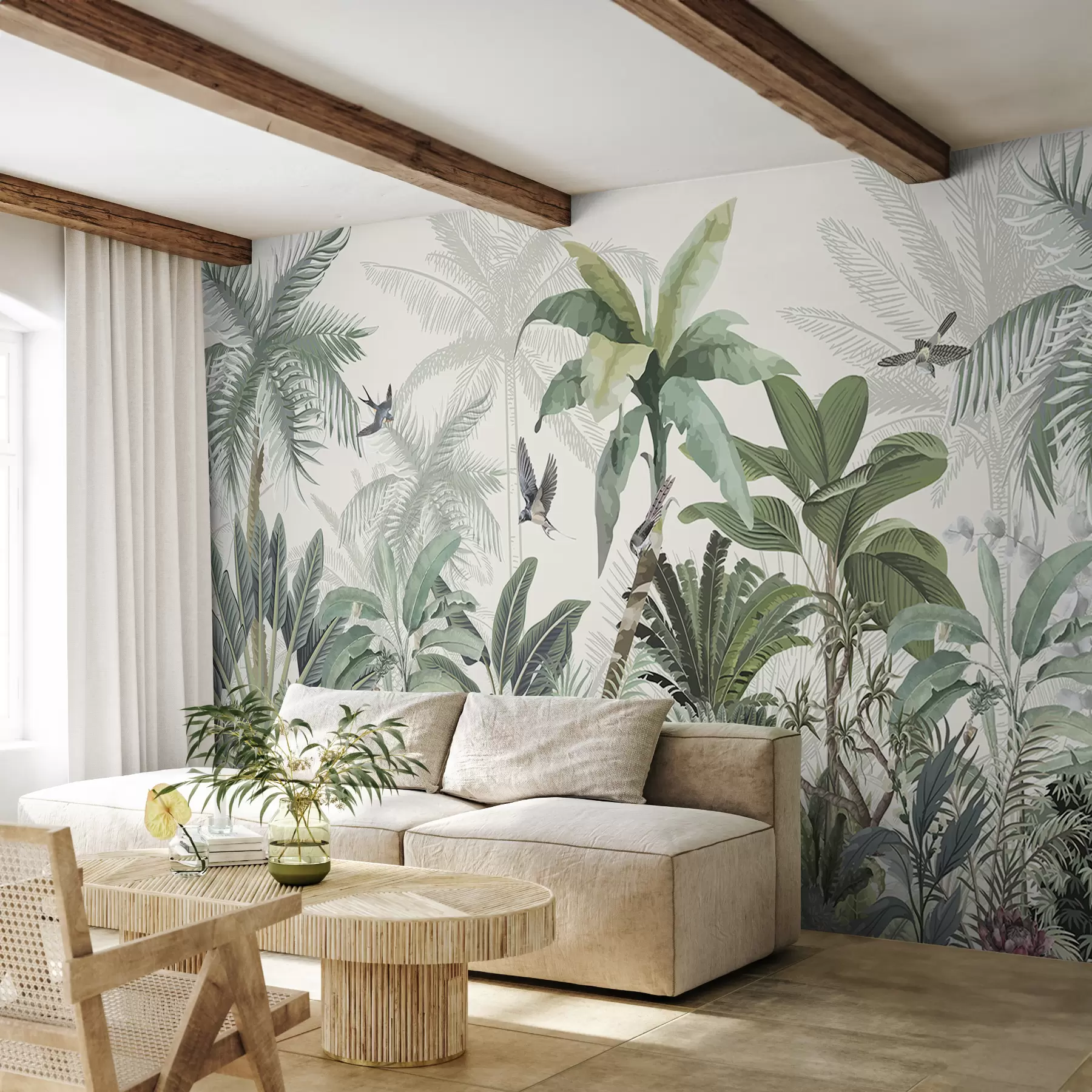 Carta da parati nature Una lussureggiante scena di giungla tropicale con varie palme, grandi foglie e fiori colorati in primo piano 