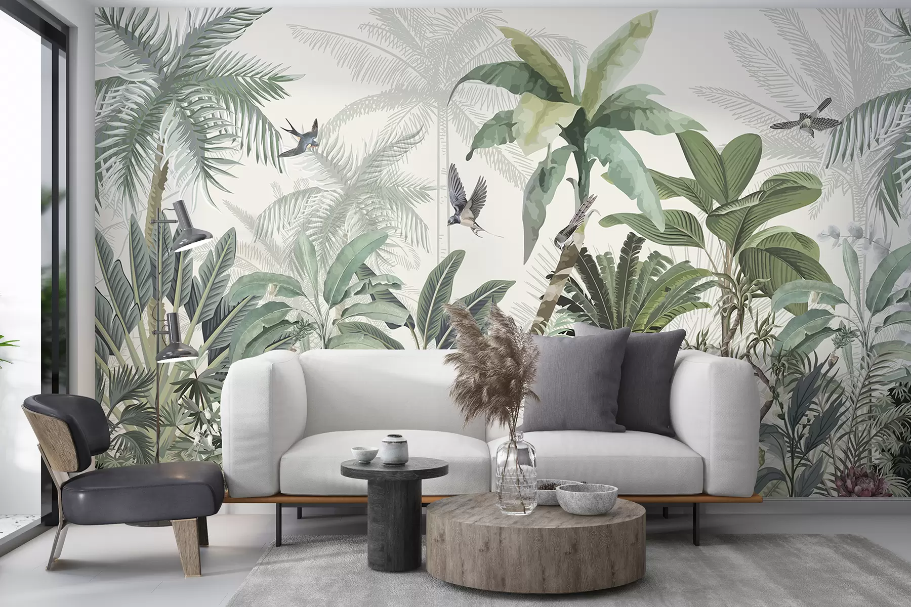 Carta da parati nature Una lussureggiante scena di giungla tropicale con varie palme, grandi foglie e fiori colorati in primo piano 