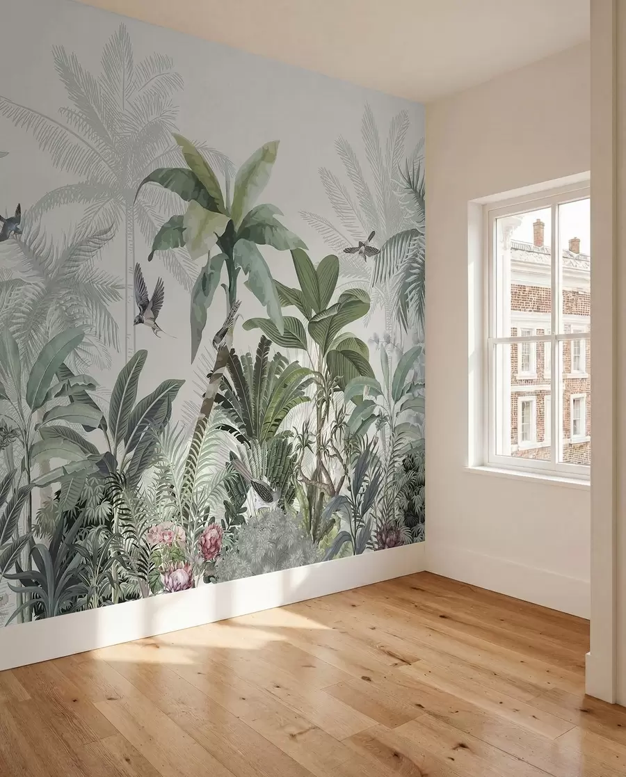 Carta da parati nature Una lussureggiante scena di giungla tropicale con varie palme, grandi foglie e fiori colorati in primo piano 